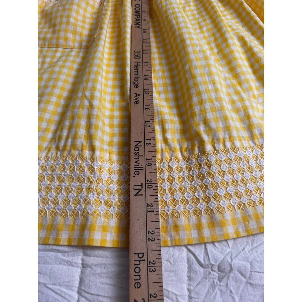 Vintage Yellow Gingham Half Apron White Chicken Scratch Embroidery Pocket Tie